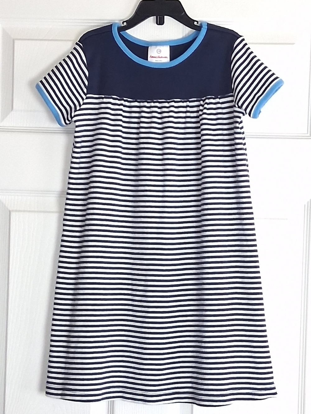 Hanna Andersson Navy Blue White Striped Short Sleeve Crewneck Dress